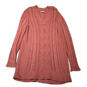 LL Bean Signature Women's L Fisherman Tunic Sweater Cable Knit Pink Grapefruit